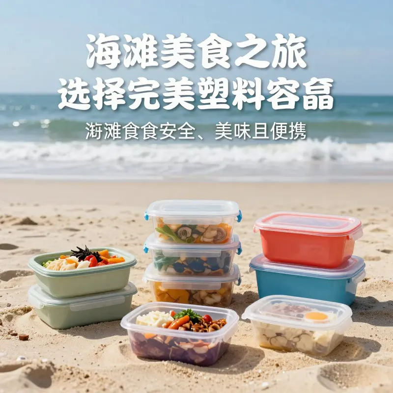 一家人在海滩上,色彩丰富的塑料容器装满美味的食物,展现出愉快的野餐场景。