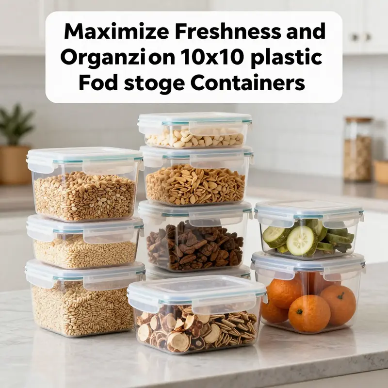 Organized large 10×10 plastic food storage containers showcasing fresh food items.