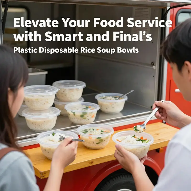 Smart and Final’s plastic disposable rice soup bowls showcasing their sturdy polypropylene construction.