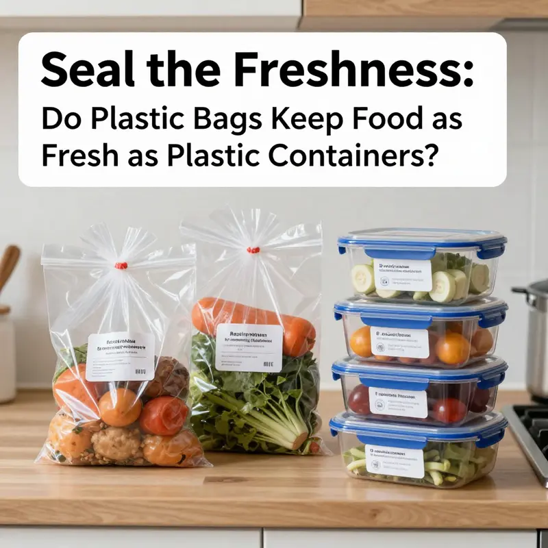 A comparison between a plastic bag and a plastic container showing different freshness levels in food preservation.
