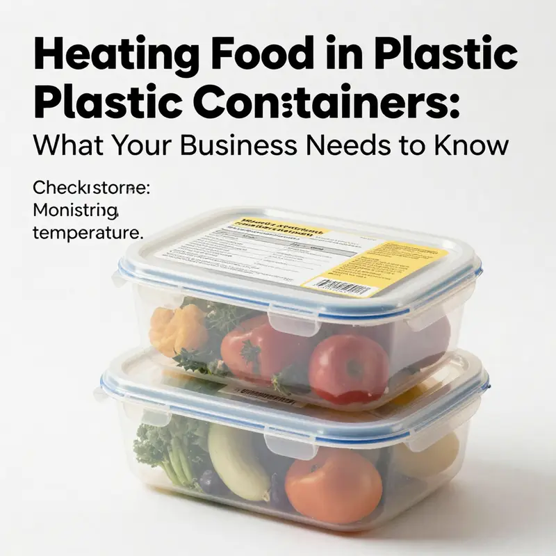 A chef inspects the safety labels on plastic containers to ensure safe food heating.