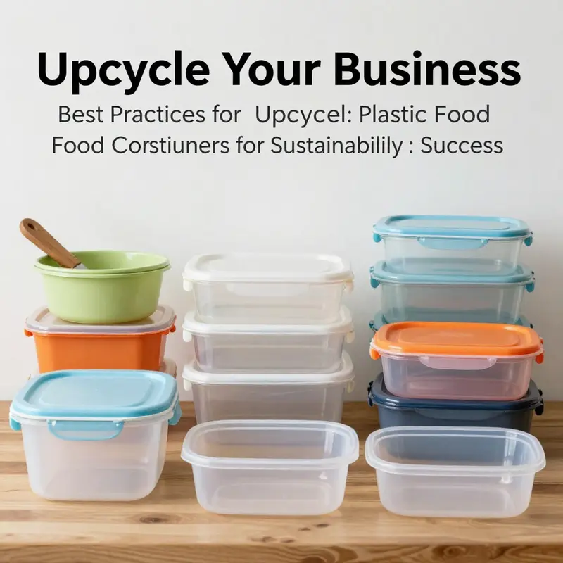 Upcycled plastic food containers creatively repurposed for kitchen organization.