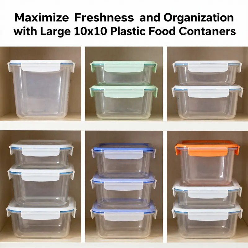 Organized large 10×10 plastic food storage containers showcasing fresh food items.
