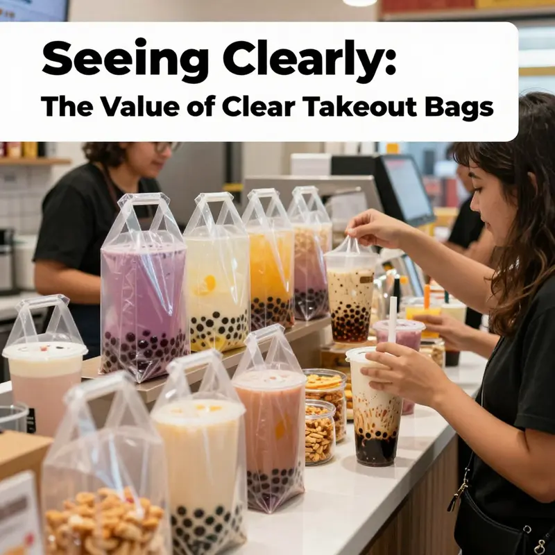 Clear takeout bags in a bubble tea shop attract customers with their transparency and vibrant contents.