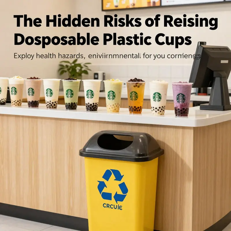 Bubble tea shop featuring both disposable cups and a visible recycling bin for responsible waste management.