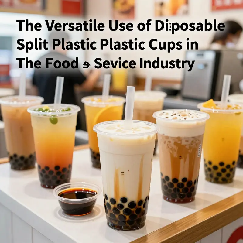 Disposable split plastic cups in action at a lively bubble tea shop, highlighting their multi-functional use for drinks and condiments.