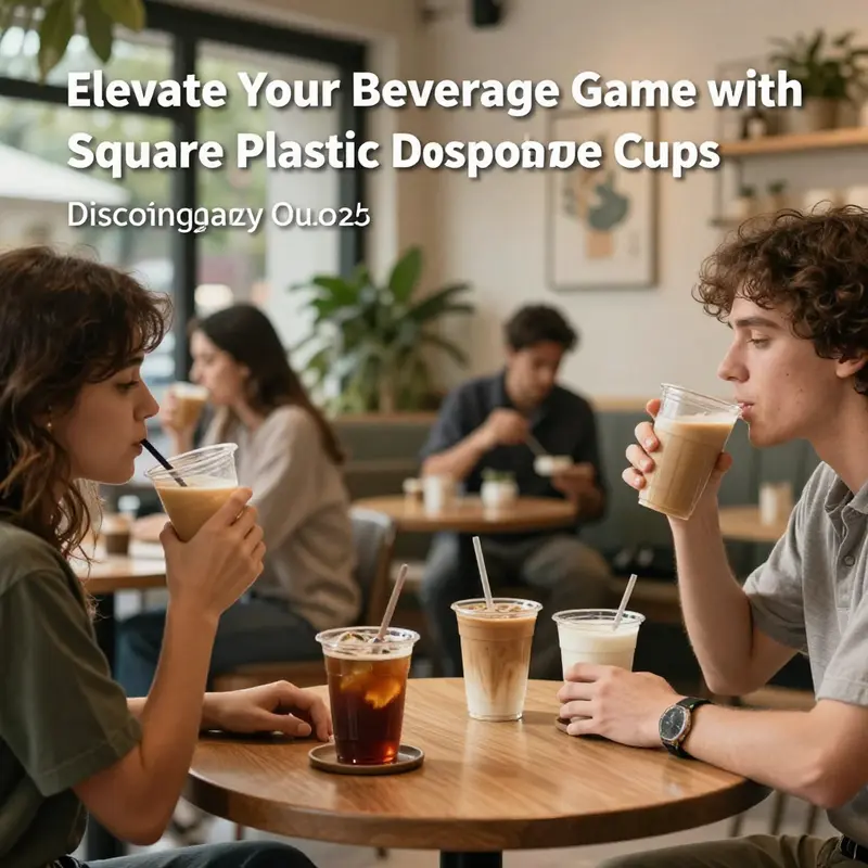 A lively coffee shop with customers enjoying beverages served in square plastic disposable cups.