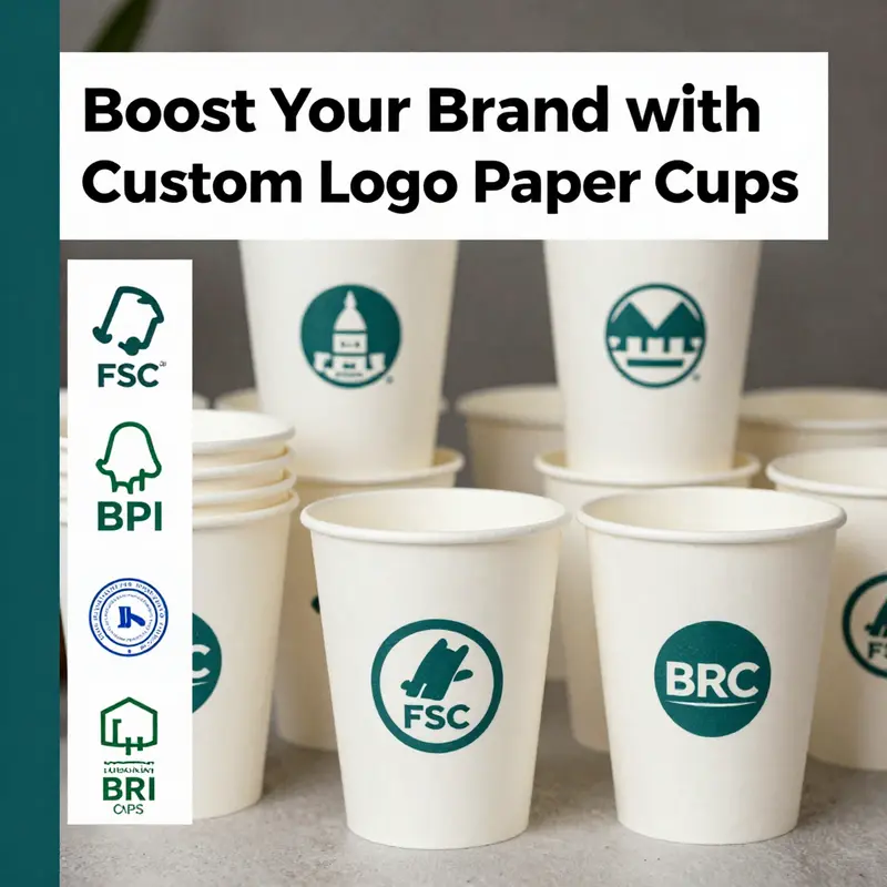 A variety of paper cups highlighting different materials used for custom logos.