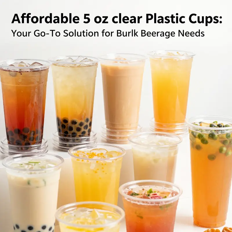 A collection of 5 oz clear plastic cups showcasing various vibrant drinks.