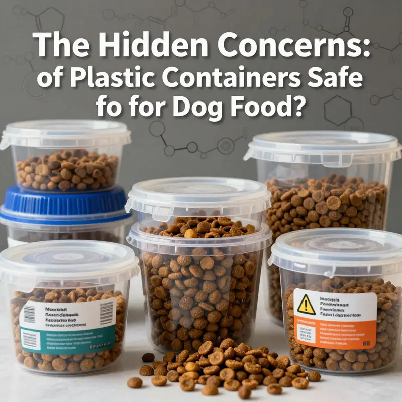 Different plastic containers for dog food illustrating chemical safety warnings.