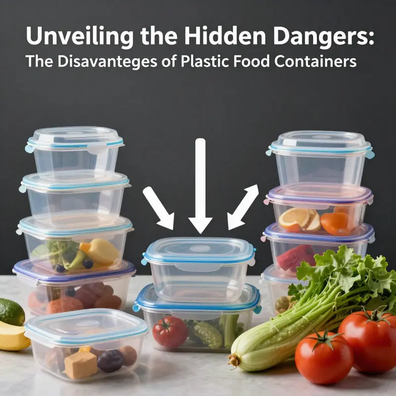 An illustration showing potential chemical migration from plastic containers to food, highlighting the risks involved.
