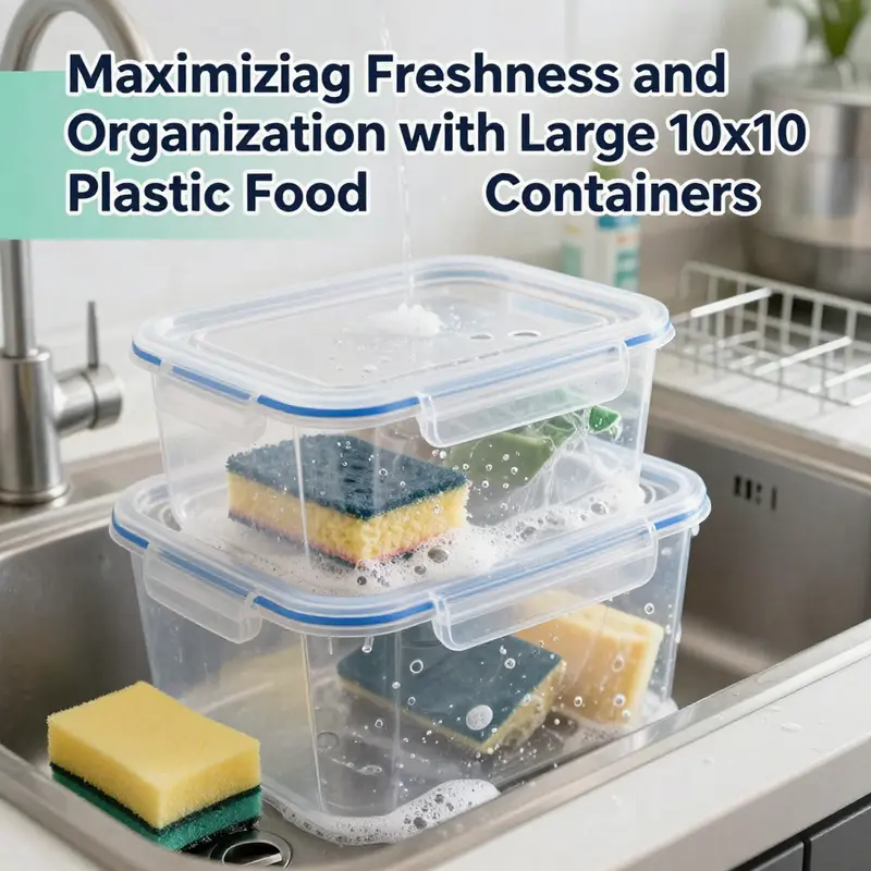 Organized large 10×10 plastic food storage containers showcasing fresh food items.