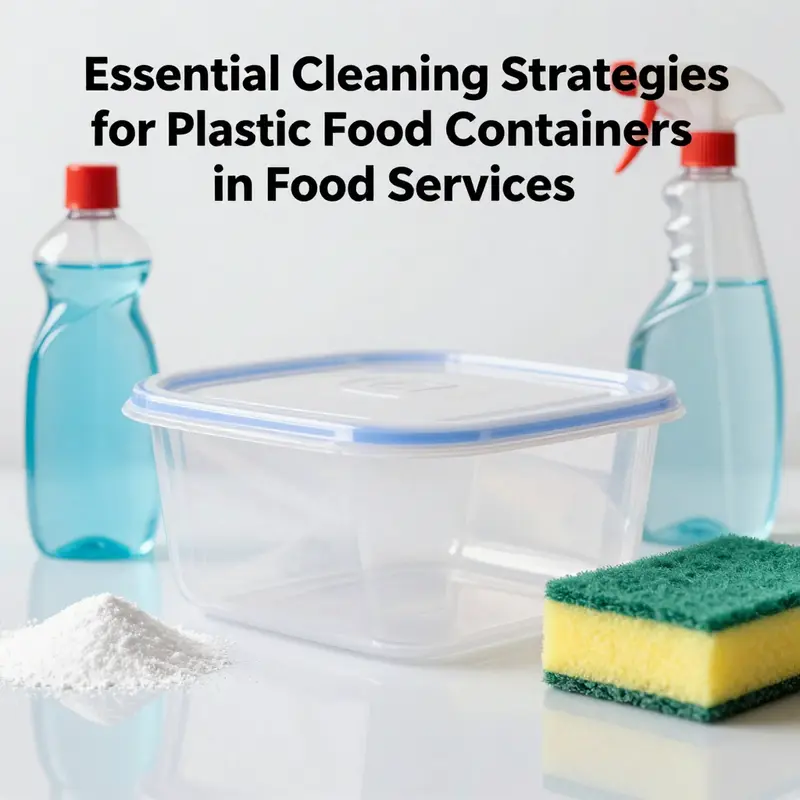 A gleaming plastic food container surrounded by cleaning supplies, representing effective cleaning strategies.
