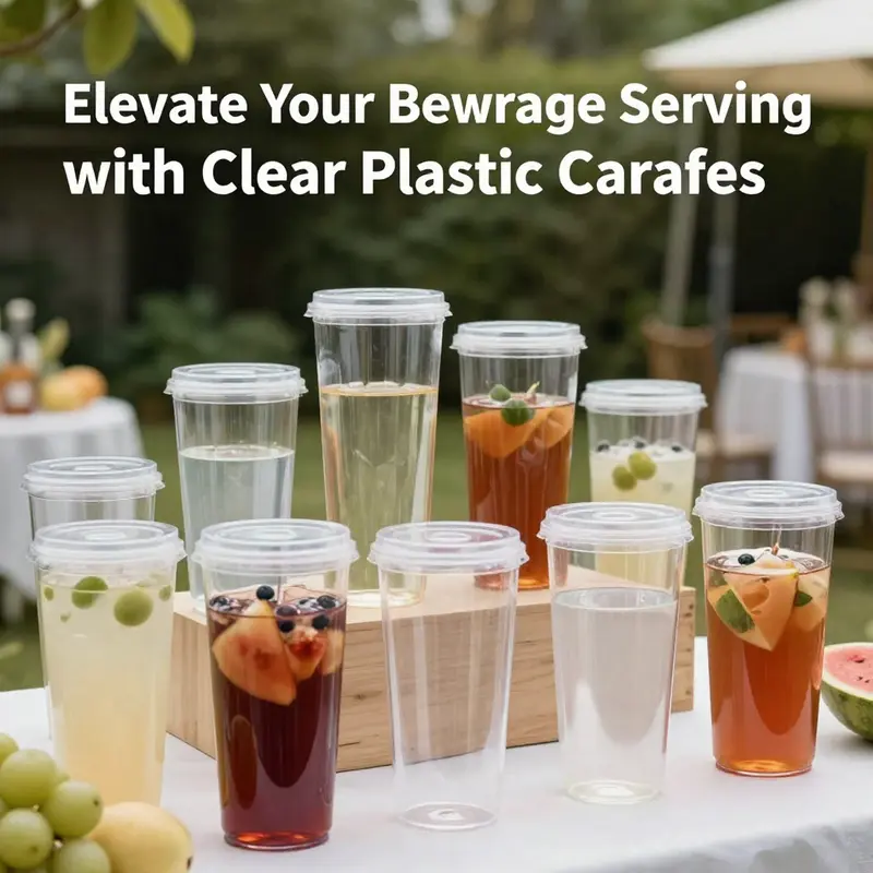 An assortment of clear plastic carafes with cup lids filled with various drinks at a beautifully arranged outdoor garden setting.