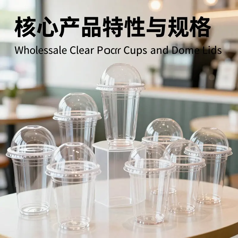 A variety of clear plastic cups with dome lids displayed in a vibrant café setting, showcasing their design and functionality.