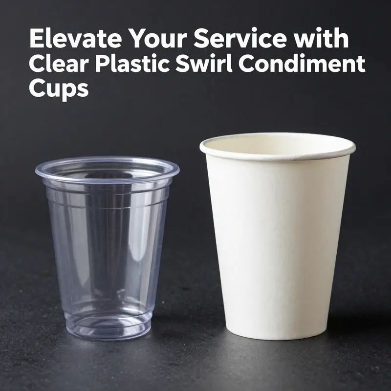 Clear plastic swirl condiment cups showcasing various sauces in a culinary setting.