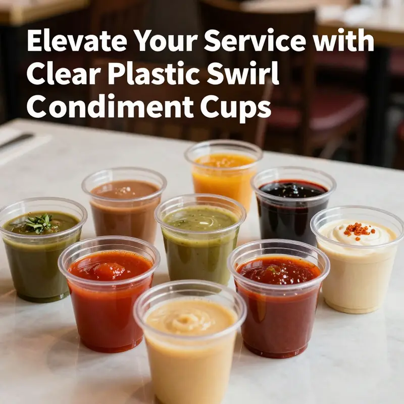 Clear plastic swirl condiment cups showcasing various sauces in a culinary setting.