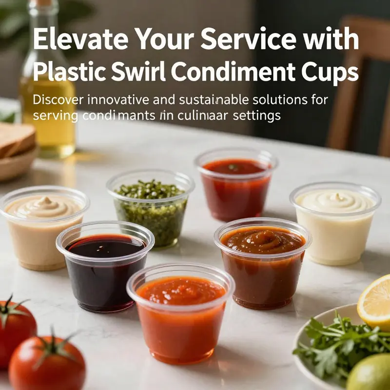 A visually appealing arrangement of clear plastic swirl condiment cups filled with sauces on a beautifully set table.