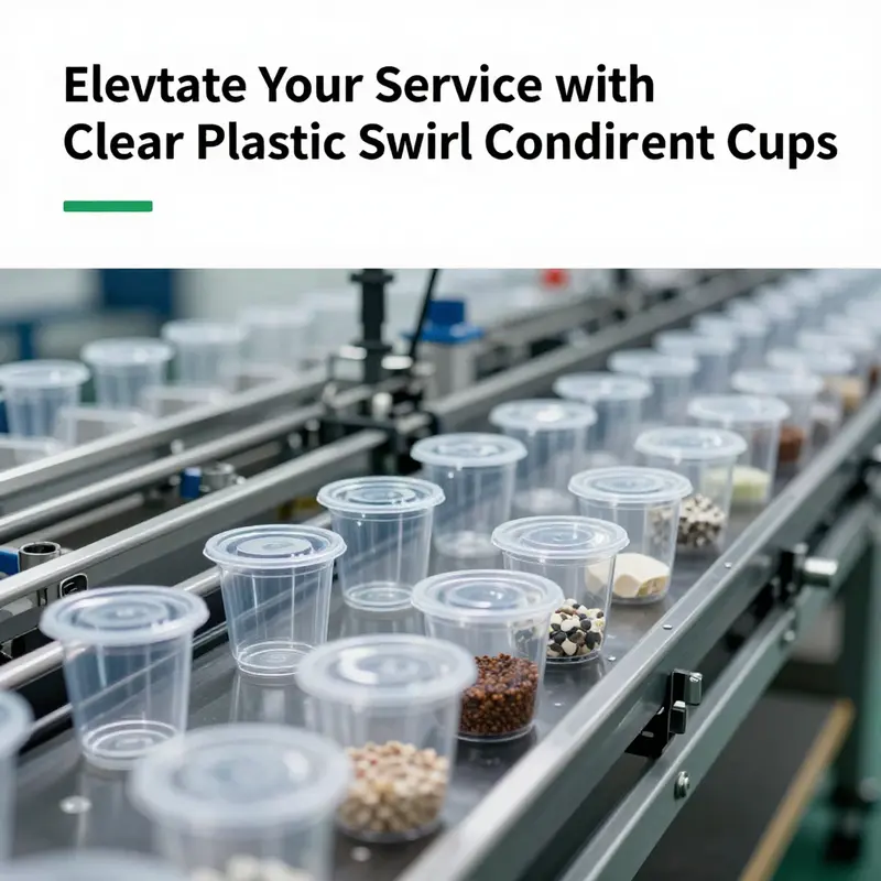 Clear plastic swirl condiment cups showcasing various sauces in a culinary setting.