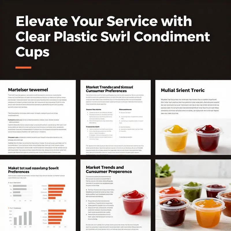 Clear plastic swirl condiment cups showcasing various sauces in a culinary setting.