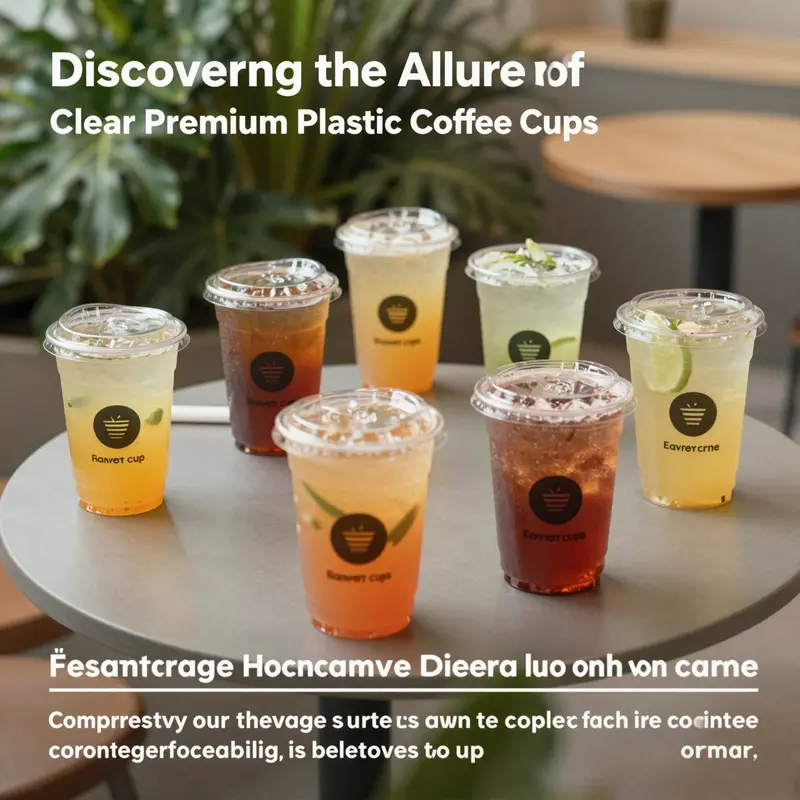 A variety of clear premium plastic coffee cups filled with colorful beverages on a café table surrounded by greenery.