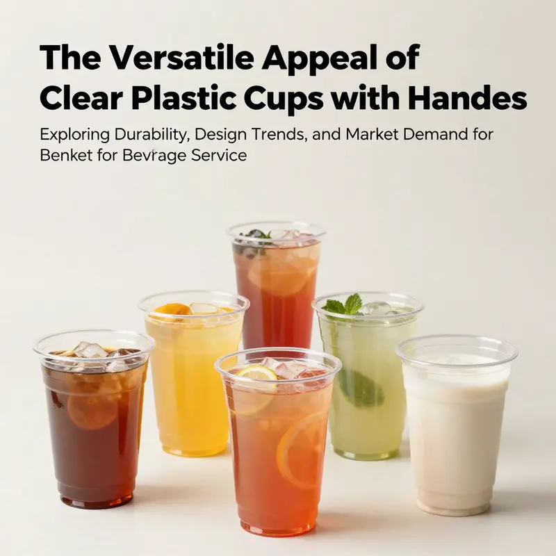 A vibrant assortment of clear plastic cups with handles filled with various beverages, designed to highlight their appeal.