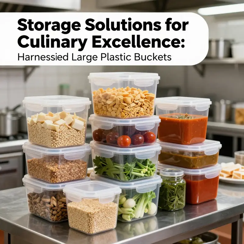 Efficiently organized ingredients in a restaurant kitchen using large plastic food storage containers.
