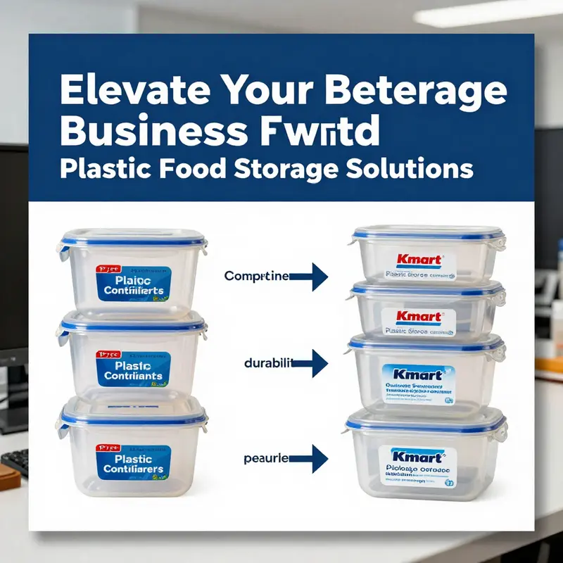 Kmart plastic food storage containers displayed in a commercial kitchen, illustrating their versatility and organization.