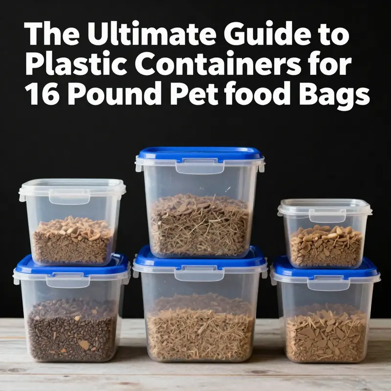 An ergonomic plastic container designed specifically for 16-pound pet food bags, highlighting its storage features.