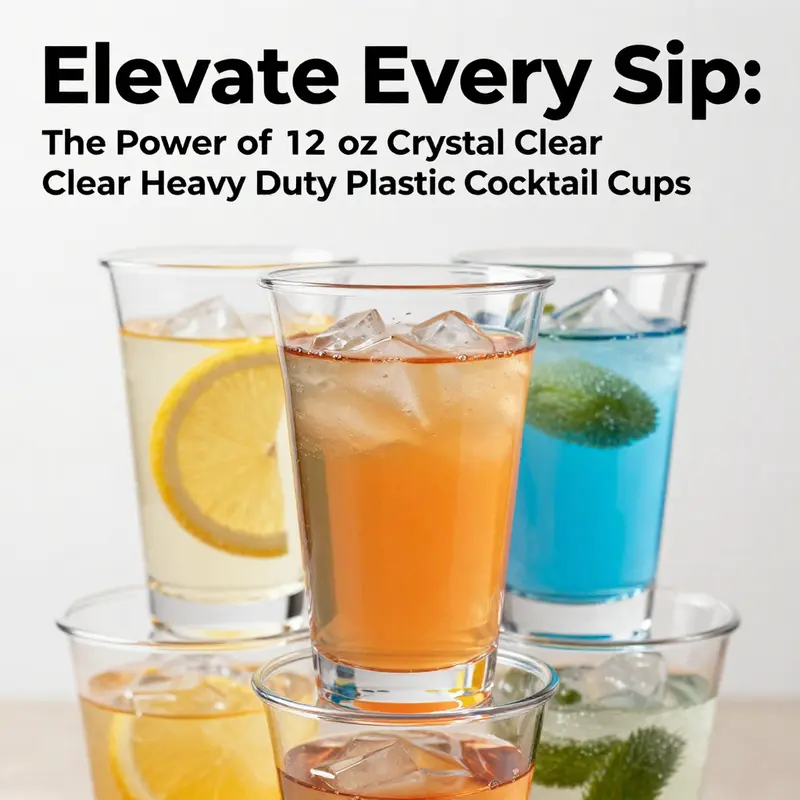 Crystal clear heavy duty plastic cocktail cups demonstrating quality and vibrant beverage presentation.