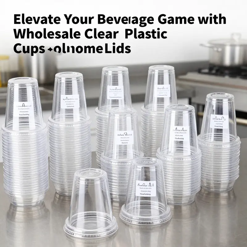 A variety of clear plastic cups with dome lids displayed in a vibrant café setting, showcasing their design and functionality.