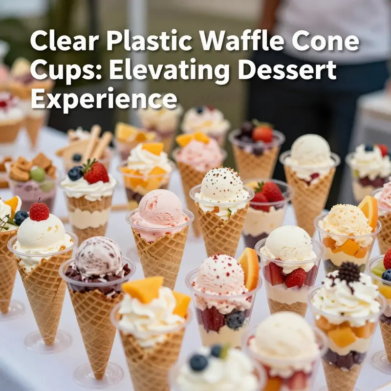 An enticing showcase of clear plastic waffle cone cups filled with various desserts, highlighting their aesthetic charm.