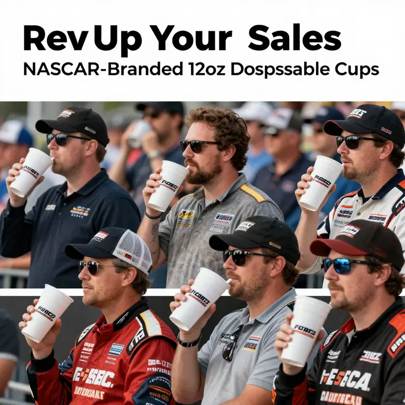 A visual analysis of 12oz disposable plastic cups featuring the NASCAR logo in various designs.