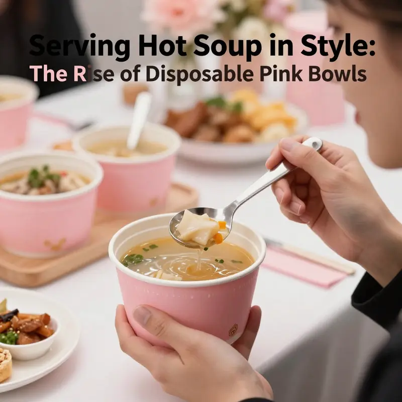 A variety of disposable pink bowls highlighting their materials and suitability for hot soup service.