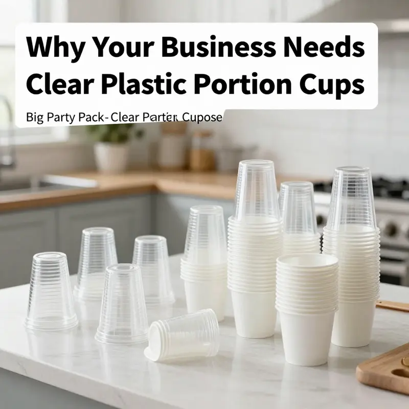 Display showcasing the versatility of clear plastic portion cups filled with various food items at a catered event.