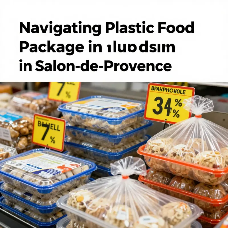A bustling market in Salon-de-Provence highlighting diverse food vendors using plastic packaging.