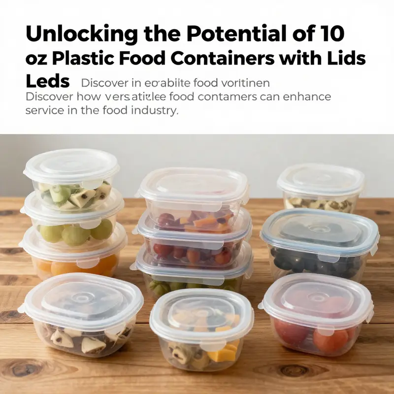 An assortment of 10 oz plastic food containers with lids displayed on a table, showcasing their use for food storage.