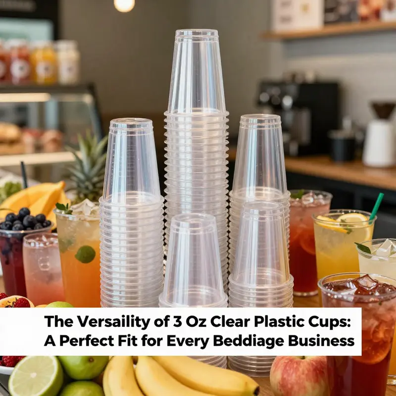 Stack of 3 oz clear plastic cups surrounded by vibrant drink ingredients in a café.