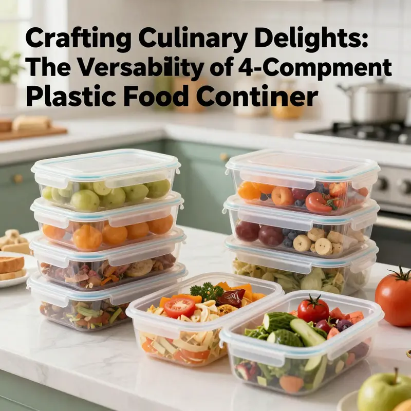 A vibrant display of 4-compartment plastic food containers filled with an array of dishes, set in a lively kitchen context.