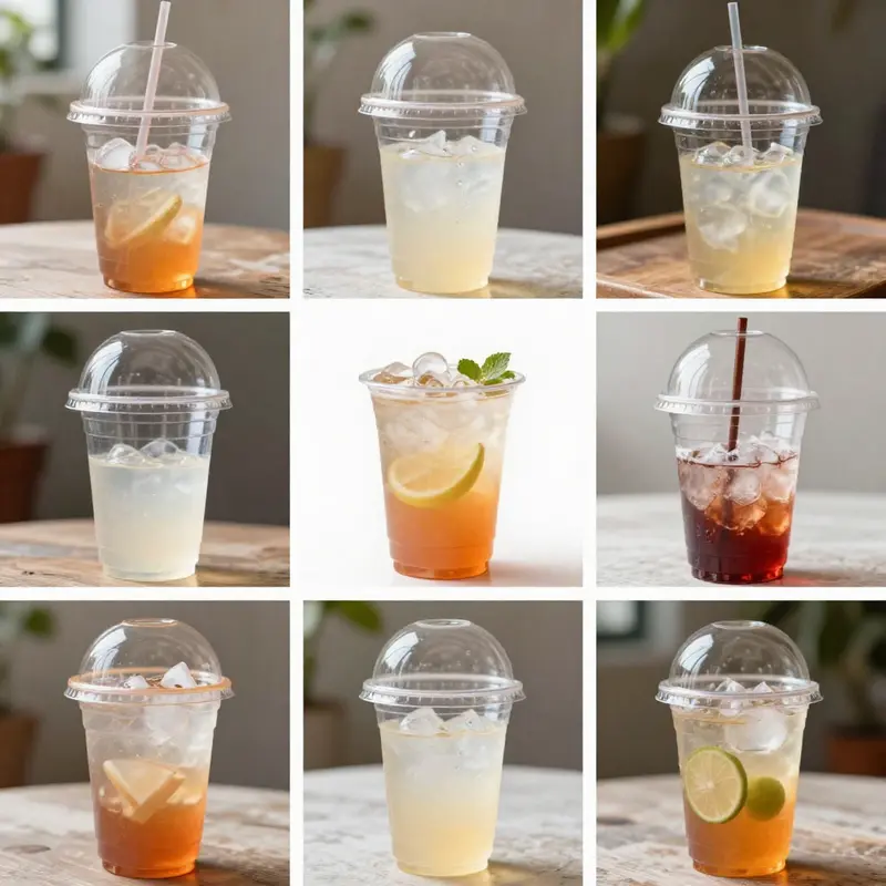 A collage showcasing various scenes with clear plastic cups and dome lids, depicting their use in different beverage applications.