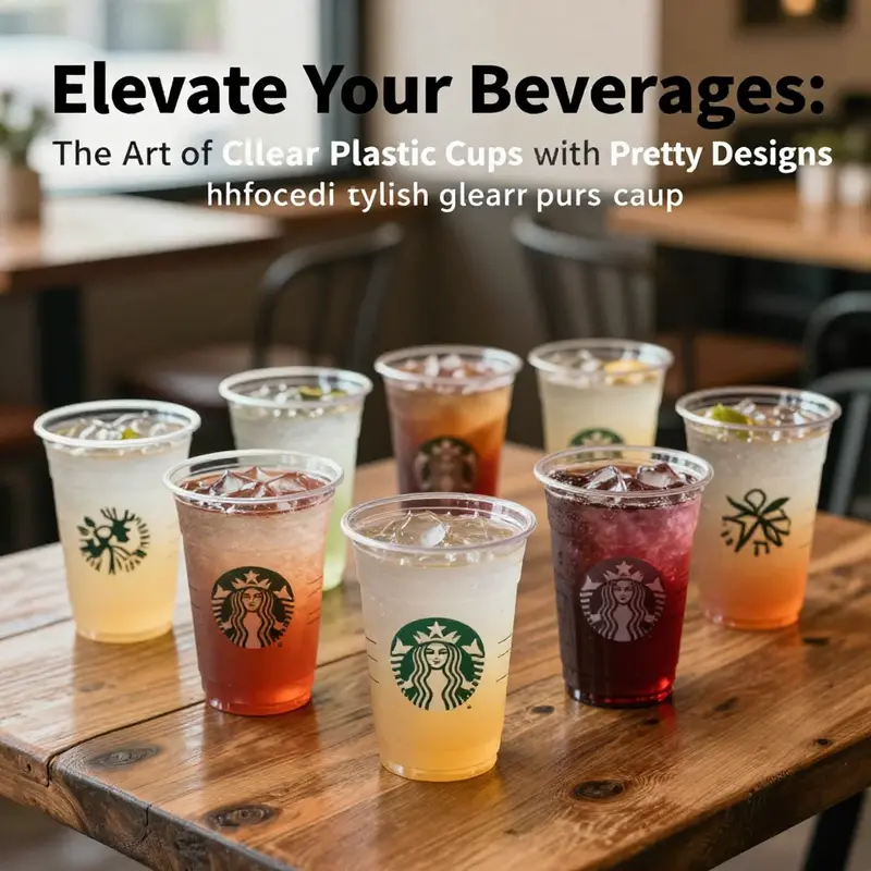 An array of clear plastic cups with colorful drinks and elegant designs arranged on a wooden table in a café setting.