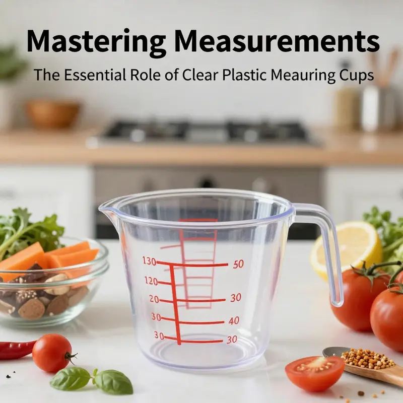 A clear plastic measuring cup in the foreground with blurred ingredients and kitchen background.