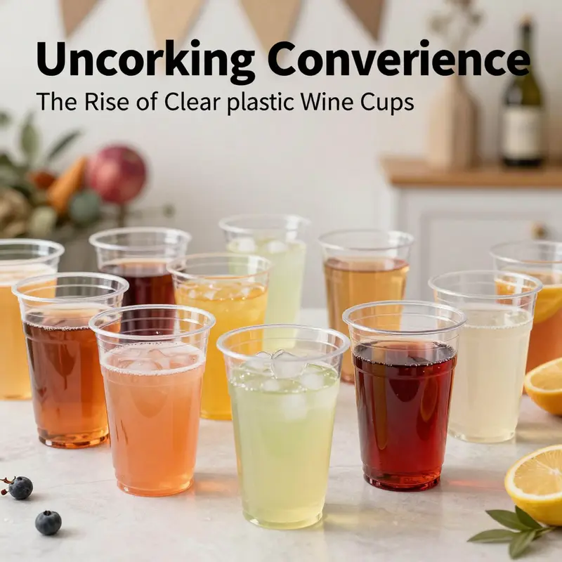 A colorful display of clear plastic wine cups filled with different beverages, setting a celebratory tone.