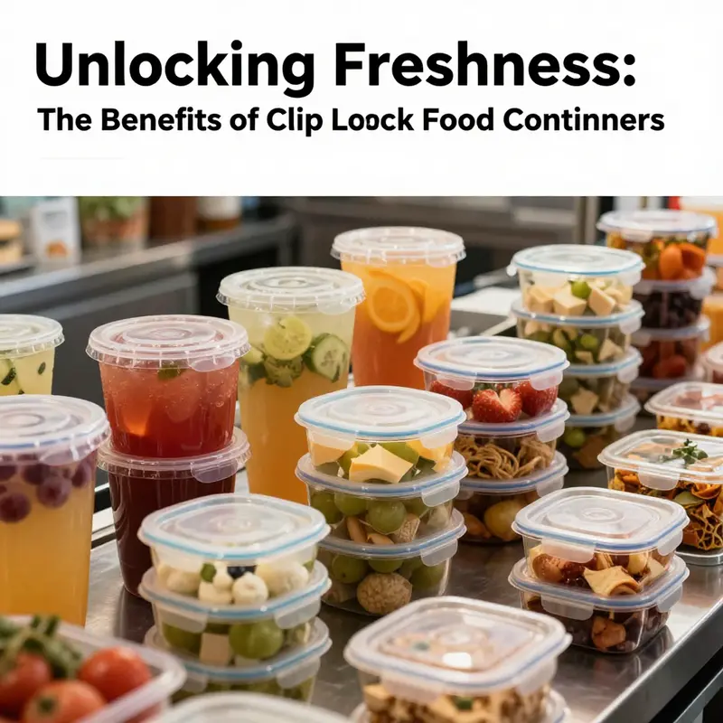 A lively food service scenario featuring clip lock plastic containers filled with beverages and foods, highlighting freshness and efficiency.