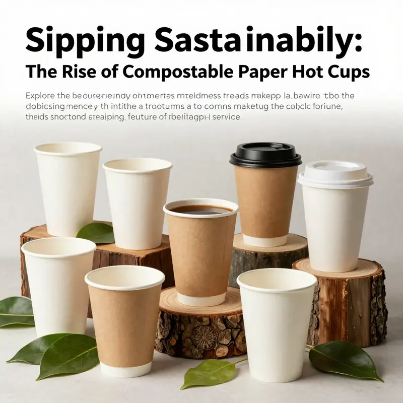 An artistic arrangement of compostable paper hot cups surrounded by natural elements, highlighting their eco-friendly nature.