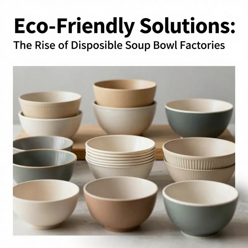 An assortment of disposable soup bowls made from eco-friendly materials displayed in a culinary setting, emphasizing sustainability.