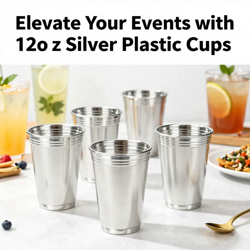 An array of 12oz silver plastic cups showcasing their elegance in a well-decorated event setting.