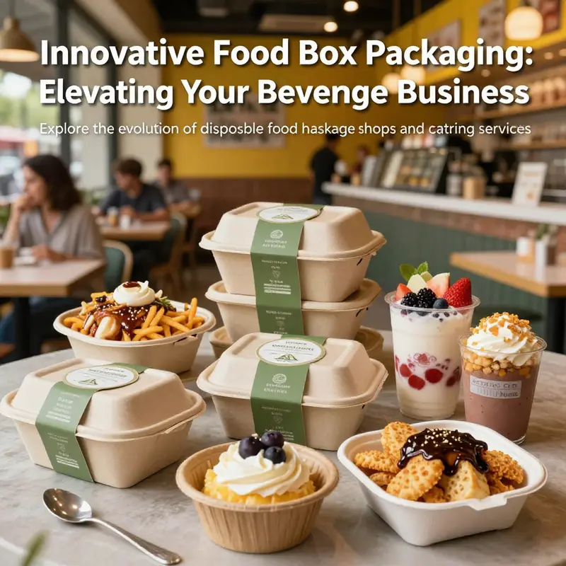 Collage of disposable food boxes and food treats in a lively restaurant setting.
