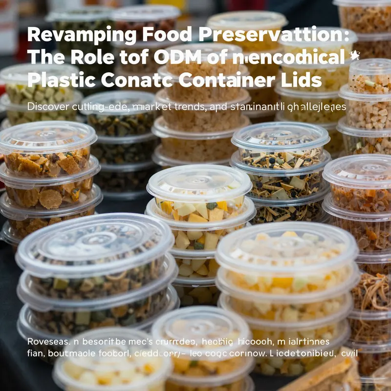 A visually rich depiction of various plastic food container lids showcasing innovative designs in a market setting.