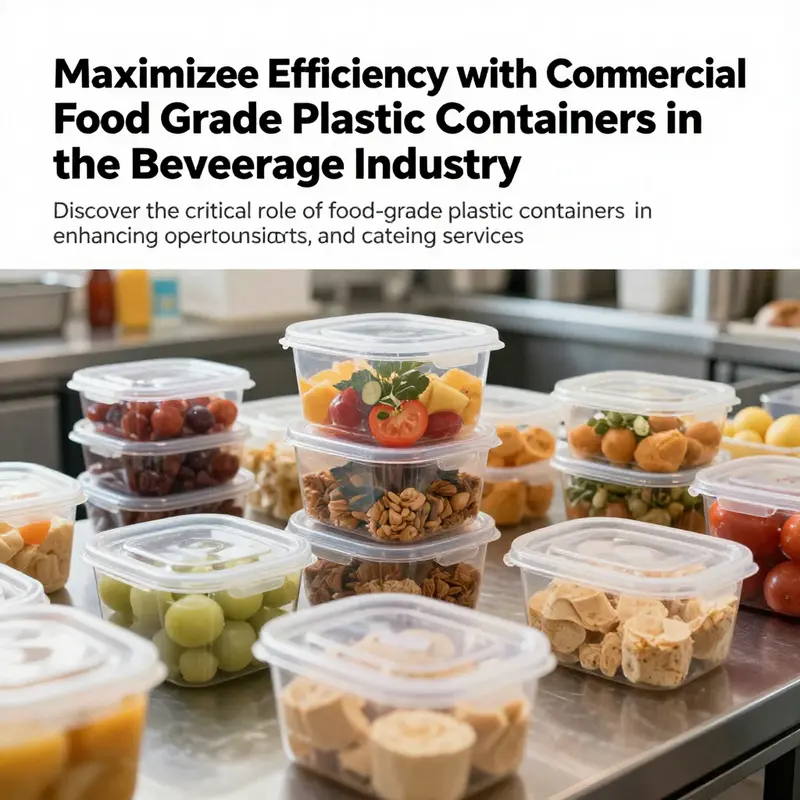 Colorful food-grade plastic containers filled with various food items in a bright commercial kitchen environment.